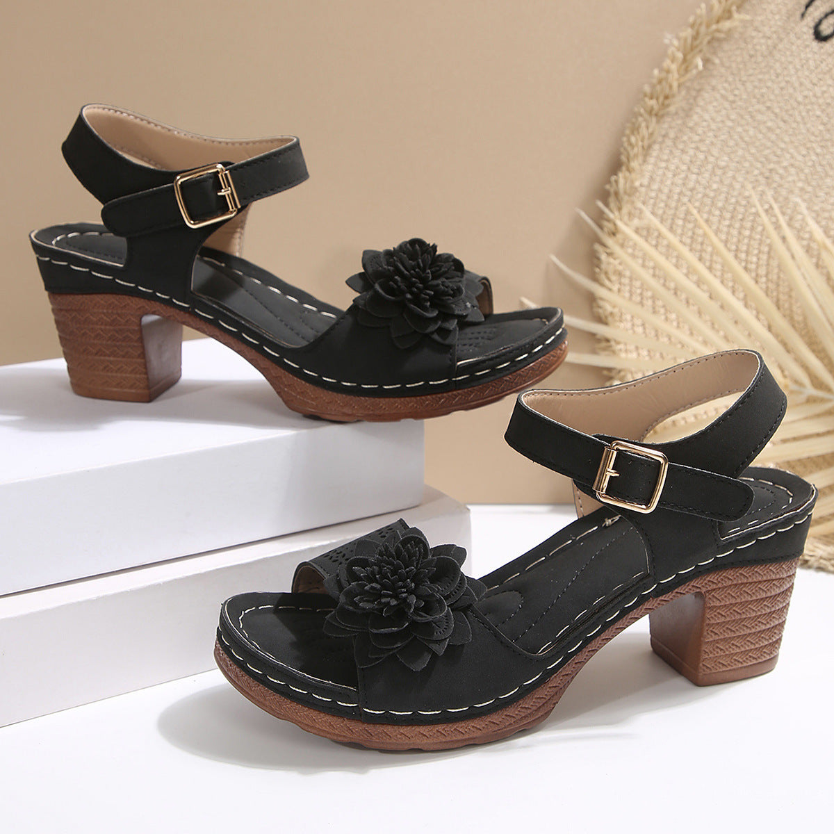 Women's Comfort Block Heel Sandals – Floral Adjustable Strap Dress Shoes