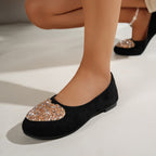 Rhinestone Suede Soft-soled Fairy-style Round-toed Flat Shoes