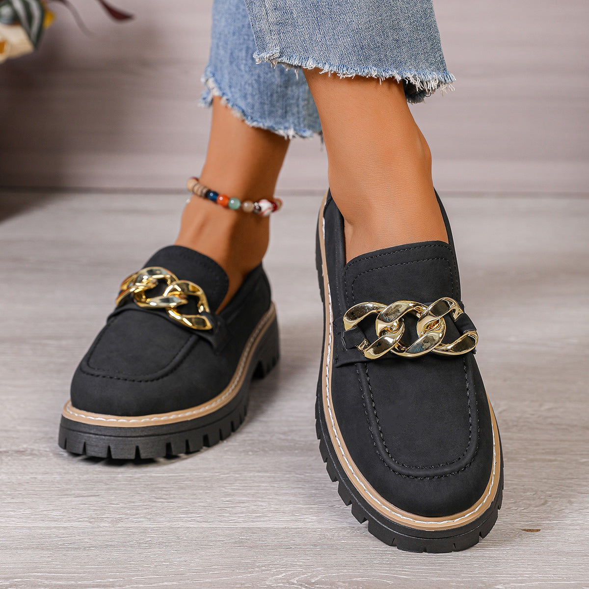 Metal Chain Thick-soled Versatile Casual Loafers