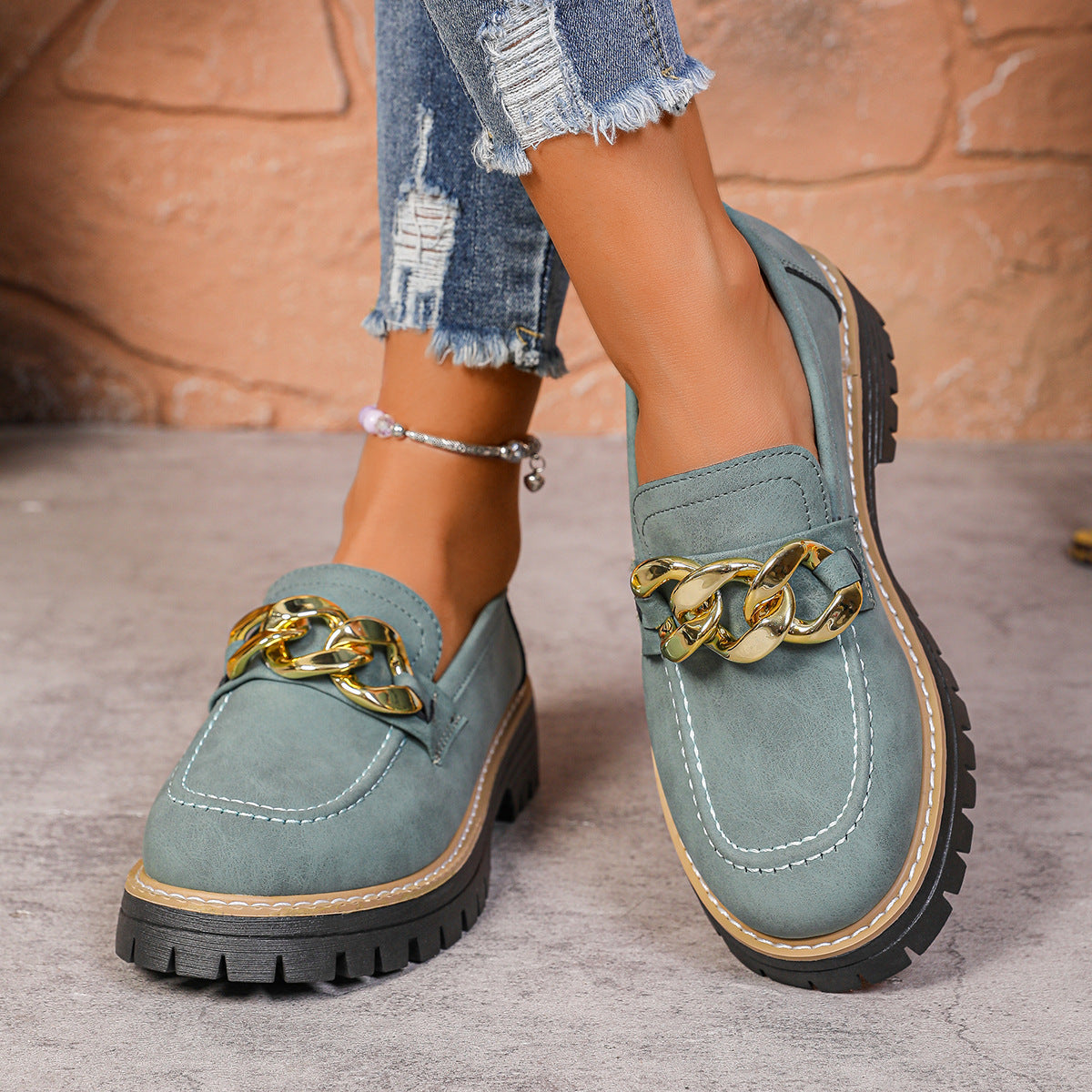 Metal Chain Thick-soled Versatile Casual Loafers
