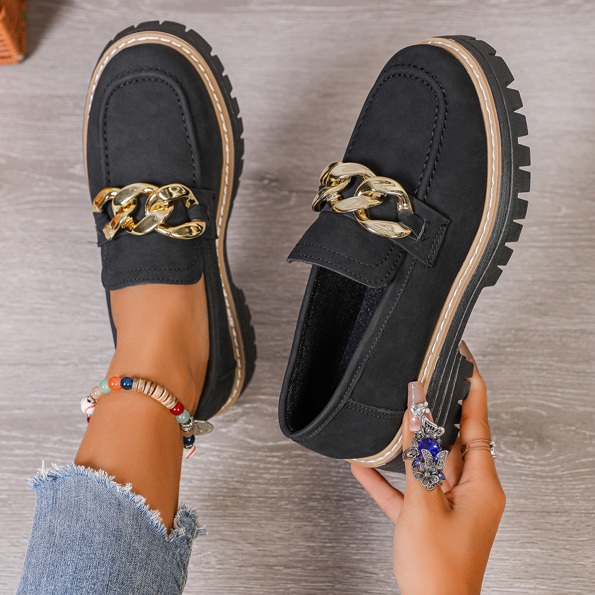 Metal Chain Thick-soled Versatile Casual Loafers
