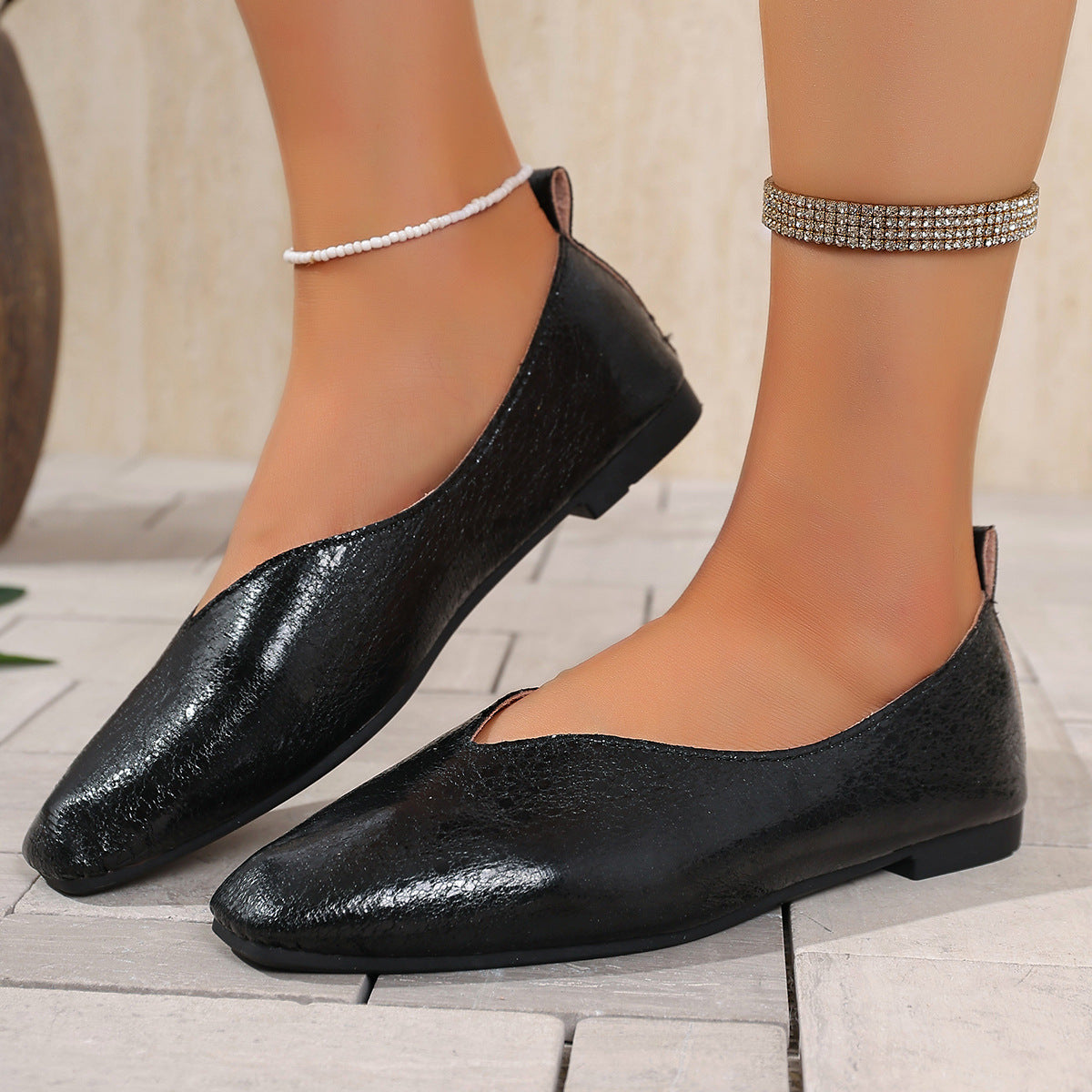 French Style Low-heeled Flat Leather Shoes