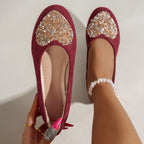 Rhinestone Suede Soft-soled Fairy-style Round-toed Flat Shoes